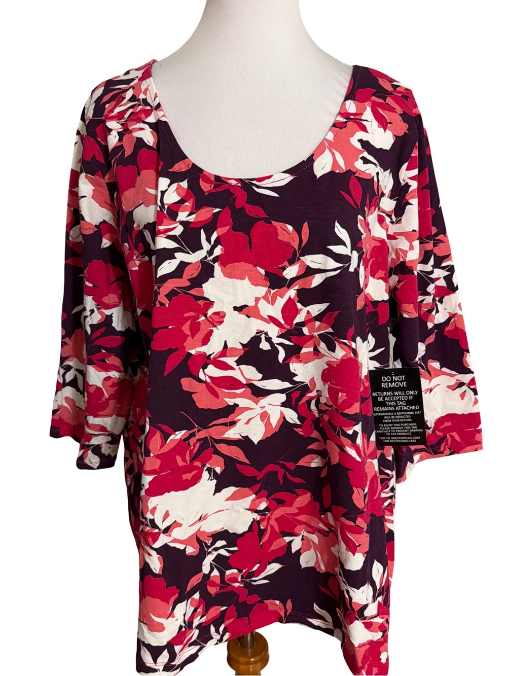 Jessica London Pink Red White Floral Scoop Neck Blouse